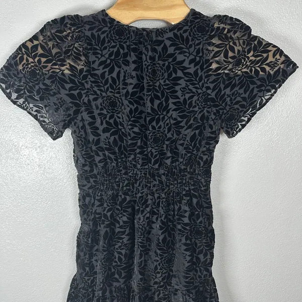 Anthropologie Somerset‎ Mini Dress Womens Small Black Floral Velvet Tiered Vneck - Image 5