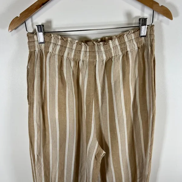 Madewell Striped Wide Leg Paperbag Waist Pants‎ Tan White Drawstring Womens M - Image 7