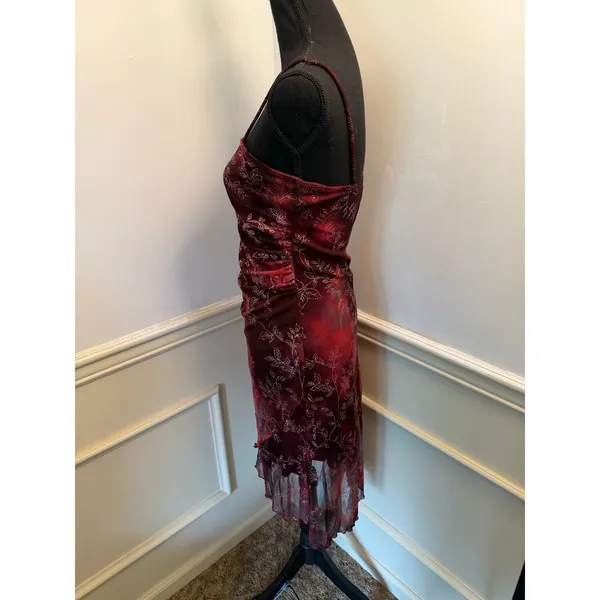 Vintage Y2K Candy Rocket Red Black Glitter Floral Asymmetrical Mesh Dress Whimsy - Image 5