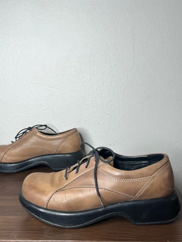 Y2K Dansko Tan Brown Leather Round Toe Chunky Lace Up Platform Oxfords Size 40 - Image 3