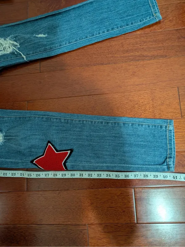 Carmar Women’s Distressed Blue Jeans with Red Star Patches - Image 6