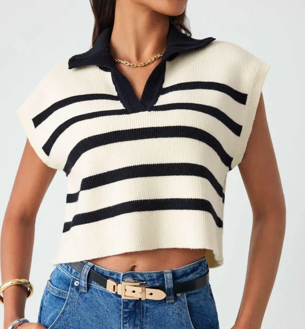 CIDER V Neck Cap Sleeve Sweater Vest Top Casual Trendy Striped Cream Black Sz. S - Image 9