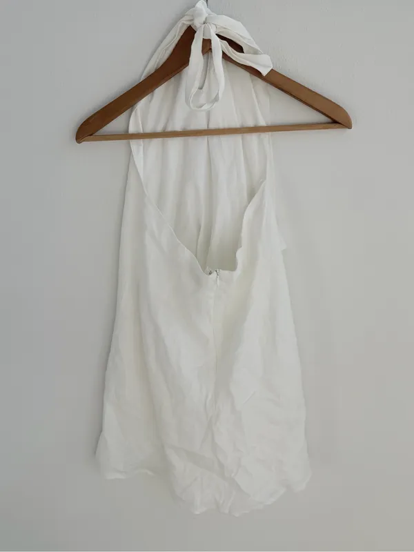 Beige Botany White Linen Blend Halter Mini Dress Size S Open Back - Image 2
