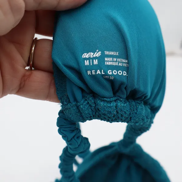Aerie Bikini Top Womens M Real Good Triangle Teal Textured Eyelet Excellent - Image 2
