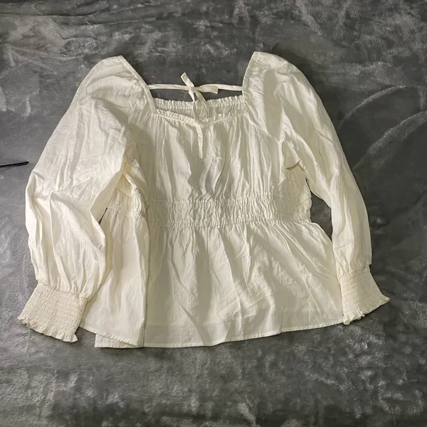 Long Sleeve Peplum Tie-Back Blouse-Cream-2x-Ava & Viv - Image 2