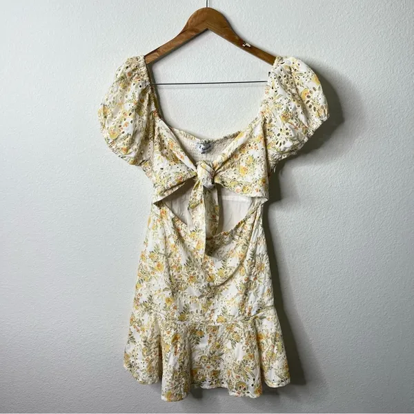 En‎ Saison Yellow Floral Eyelet Mini Dress Puff Sleeve tie Open Front Women’s M - Image 7