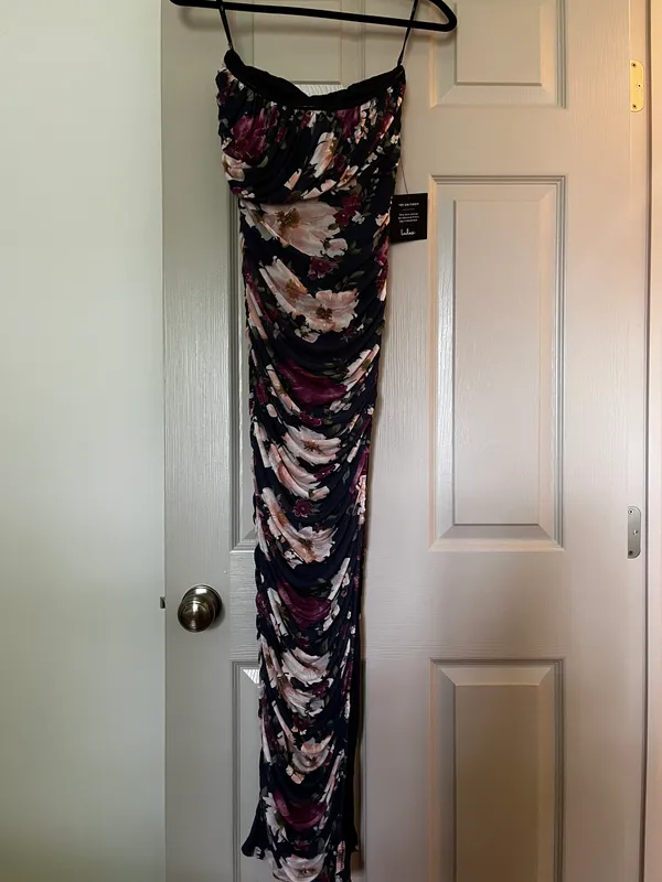 Lulus Averie Navy Floral Mesh Strapless Maxi Dress - Image 2