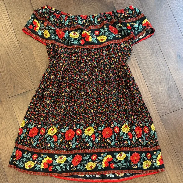 Supreme Fashion Black Floral Ruffle-Accent Off-Shoulder Dress Size XL C9-017 - Image 2