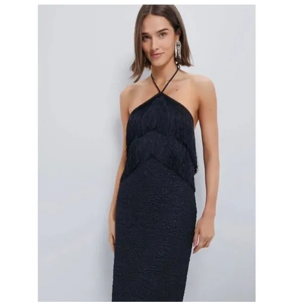 Tuckernuck Hyacinth House Black Halter Fringe Midi Dress Natalie size Small - Image 4