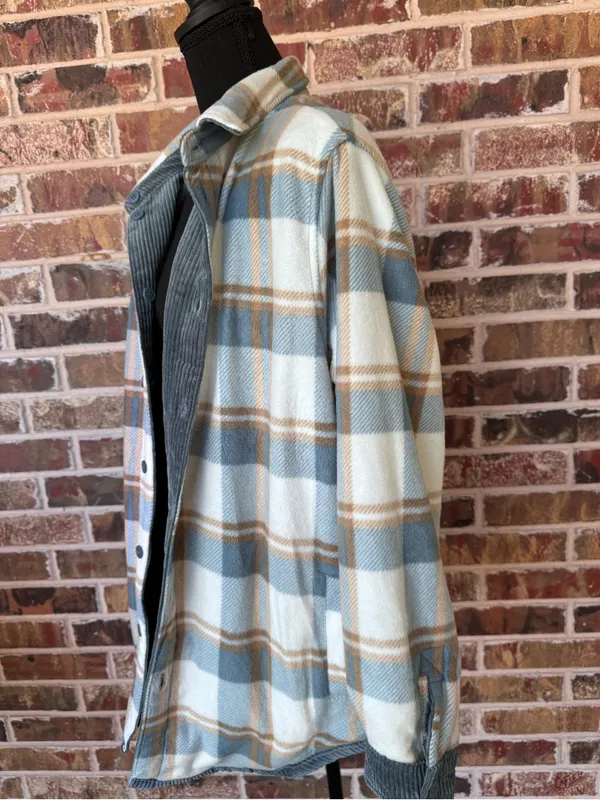 Love Tree Reversible Slate Blue Corduroy Plaid Fleece Shacket Jacket Women’s XL - Image 14