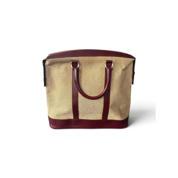 True Vintage Celine Triomphe Canvas Leather Tote Bag Beige Burgundy 70s France - Image 2