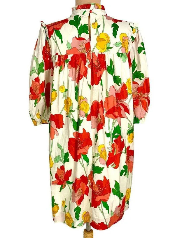Think Of Me Cottagecore Floral Shift Dress Bodice Ruffled Collar Puff Sleeves L - Image 8