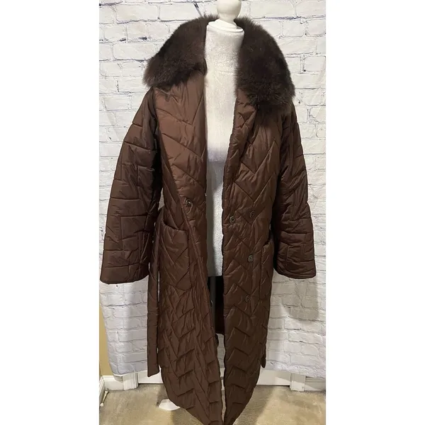 Monica Milano Brown Quilted knee-length, belted puffer coat with a fur collar 4 - Image 8