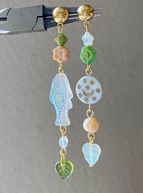 Handmade quality Czech glass beads mix asymmetric unique dangle earrings💚⭐️🐟💕🌙 - Image 3