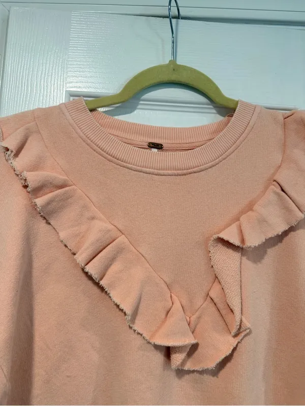 NWOT Free People Size XS Pink Ooh La Ruffle Yoke Long Sleeve Raw Hem Sweatshirt - Image 2