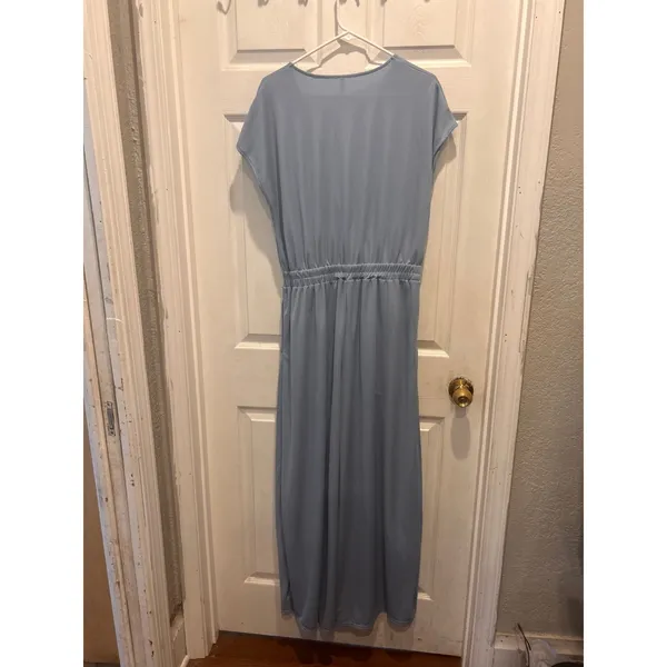 Halara‎ L V Neck SS Side Pocket Wide Leg Flowy Waffle Casual Jumpsuit Quiet Blue - Image 9