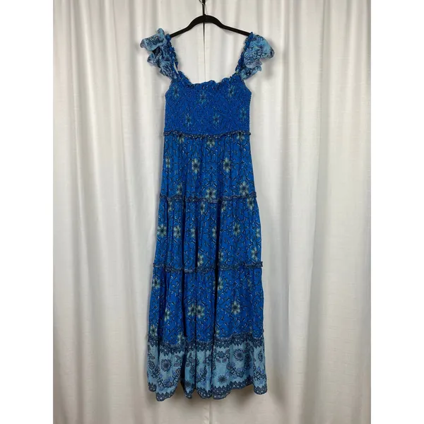 Love The Label Blue Floral Gaya Flutter Sleeve Cotton Tiered Maxi Dress Sz.M - Image 3
