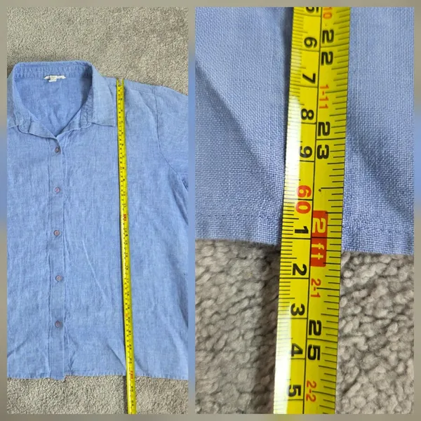 Eileen Fisher 100% Organic Linen Blue Button Down Top Size L Half Sleeve Boxy - Image 8