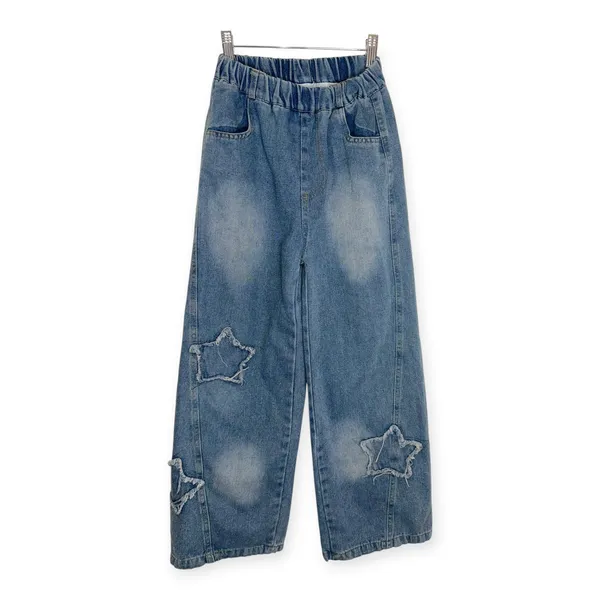 XS Baggy Wide Leg Ripped Denim Retro Elastic Star Patch Casual Streetwear Jeans - Image 2