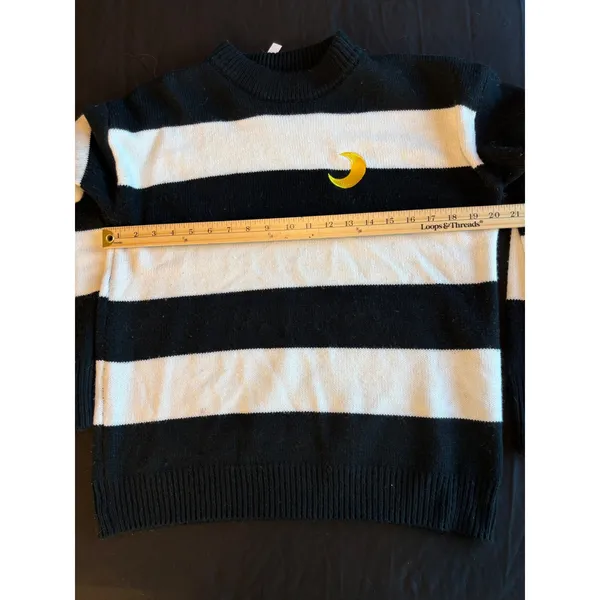 Black and White Striped Crewneck Sweater with Yellow Crescent Moon Embroidery - Image 6