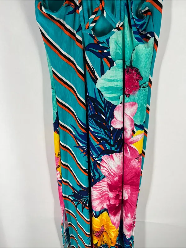 Tropical Floral Striped Crisscross Back Maxi Dress Medium‎ Side Slit - Image 10