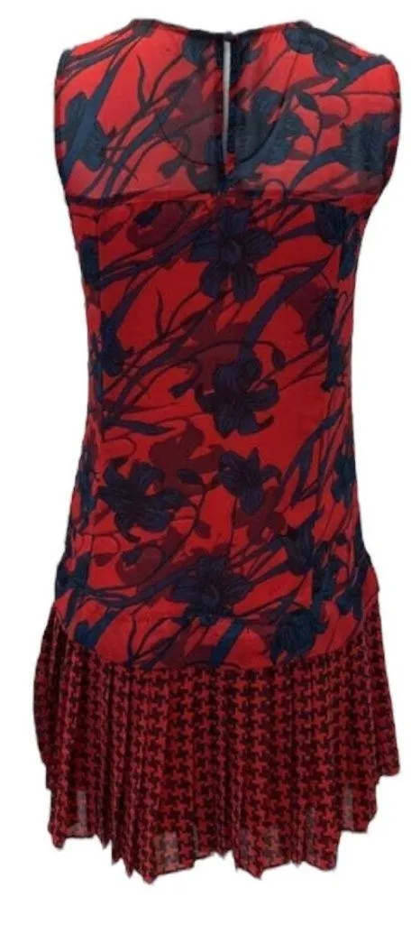 ABERCROMBIE & FITCH Floral Houndstooth Drop Waist Pleated Mini Dress Red Blue 10 - Image 2