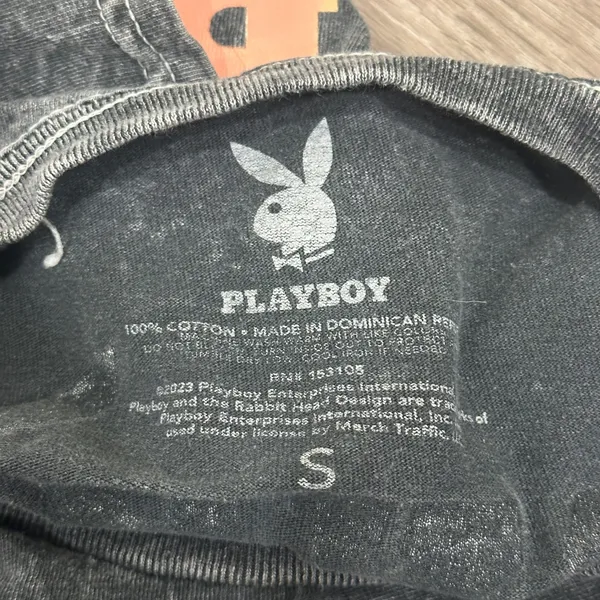 Playboy Acid Wash Graphic T-Shirt Gray Pink Bunny Logo Short Sleeve Small Grunge - Image 6