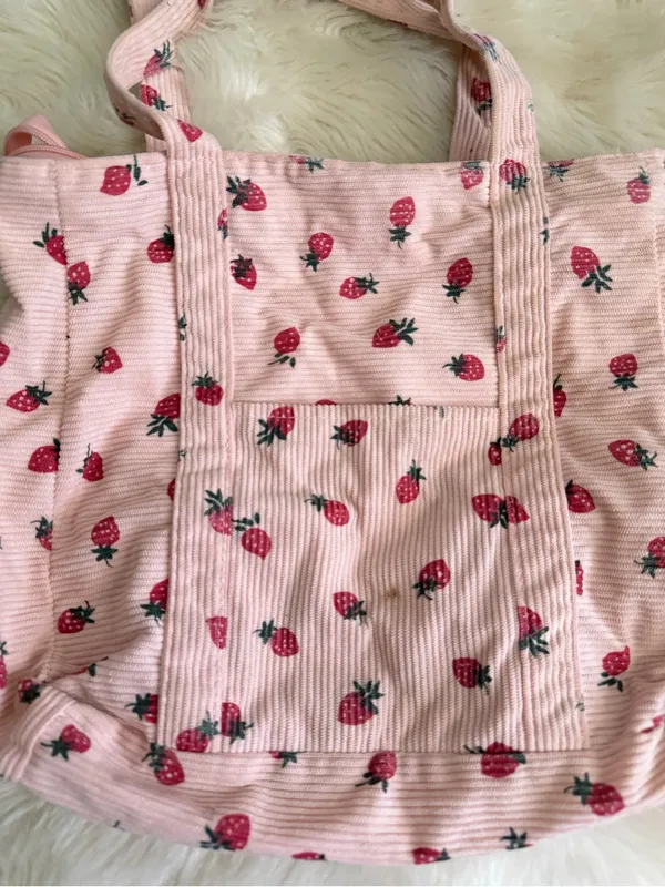 SHEIN Pink Strawberry Corduroy Tote Bag - Image 3