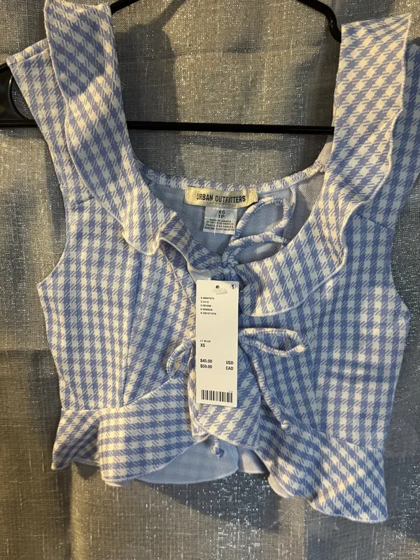 Urban Outfitters Light Blue Gingham Ruffle Tie-Front Crop Top - Image 4