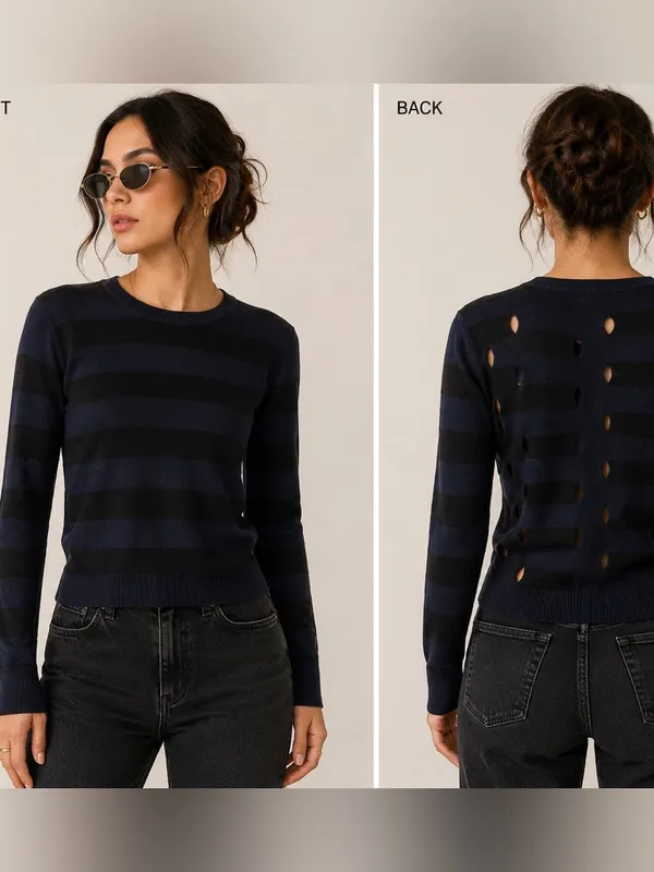 Revolve Autumn Cashmere Stripped Distressed Sweater Black And Blue Sz M - Image 2