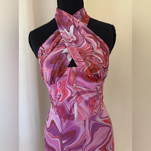 Bardot Pink Tie Dye Mesh Halter Mini Dress XS Y2K Bodycon Ruched - Image 3