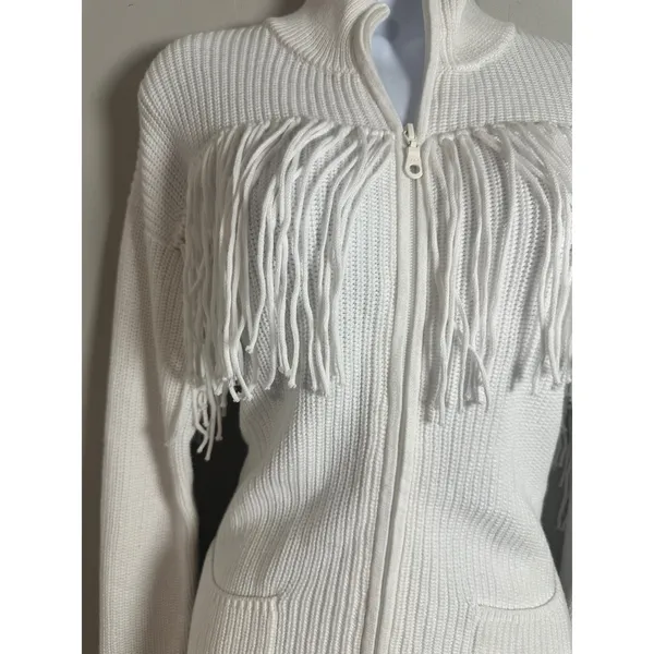 Minnie Rose White Cotton Shaker Mock Neck Zip Up Fringe‎ Jacket 8912 New - Image 4