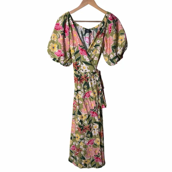 Vici Floral Puff Sleeve Wrap Midi Dress Size Small - Image 3