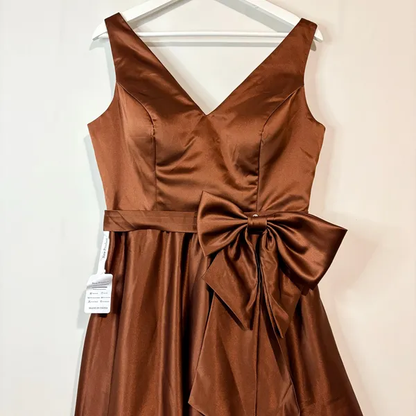 Miss Veil Satin Tea Length Dress Bow Detail Double V Neck Formal Brown Small NWT - Image 2