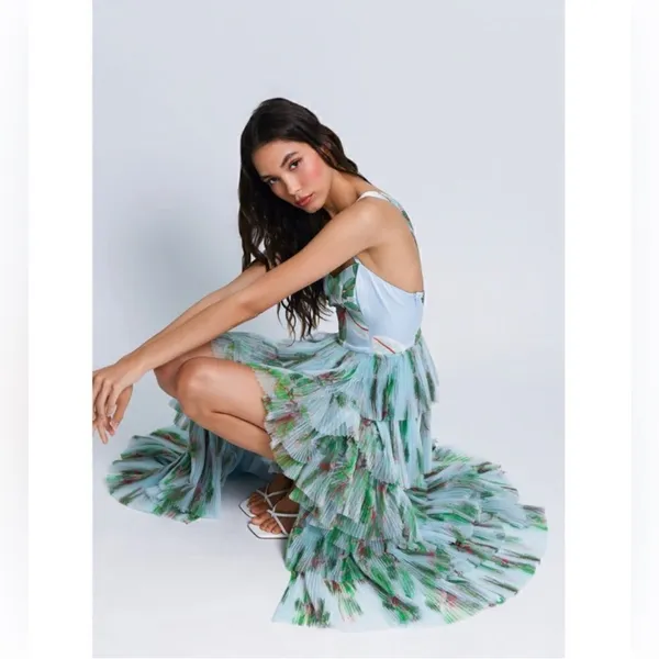 HUTCH Anthropologie Mariah Floral‎ Pleated Tulle Maxi Blue Dress Sz 2 - Image 4