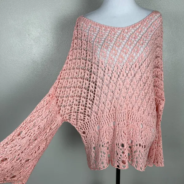 Coco Carmen Crochet Sweater OS Pink Open Knit Pullover Oversized‎ Beachy Relaxed - Image 4