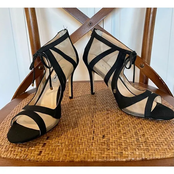 Nina Caleya black mesh tie closure stiletto heels sz 8 - Image 8