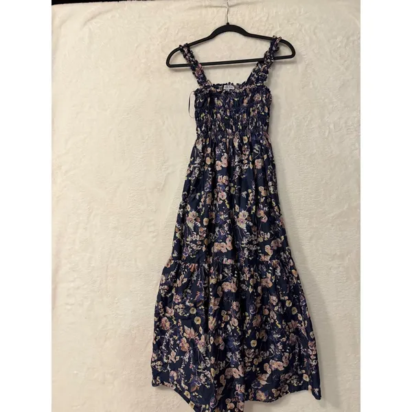 Ophelia Roe Floral Maxi Dress Womens Medium Blue Cotton Smocked Tiered Boho Boho - Image 7