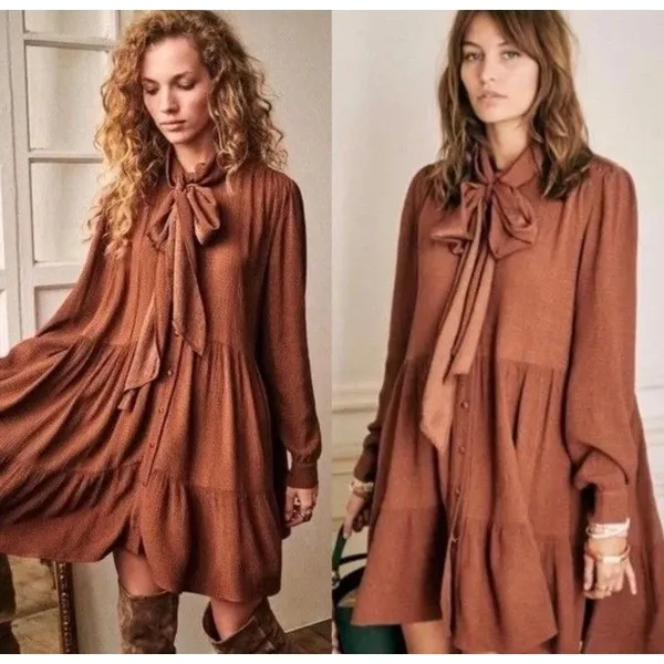 Sézane Selena Tiered Mini Dress Womens 38 US 6 Brown Tie Neck Tunic Top Stretch - Image 8