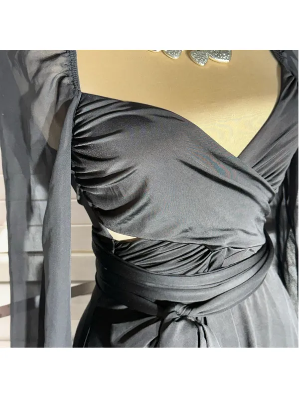 Lucy in the Sky black mini dress puff sheer sleeve plunge V cocktail homecoming - Image 5