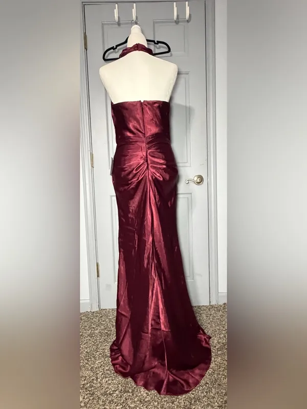 Betsy & Adam Satin Halter Maxi Dress in Burgundy - Image 2