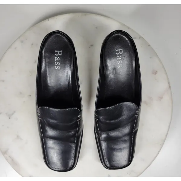VTG Bass Artist Mules Womens 6 Black Leather Slip On Square Toe Block Heel 2003 - Image 8