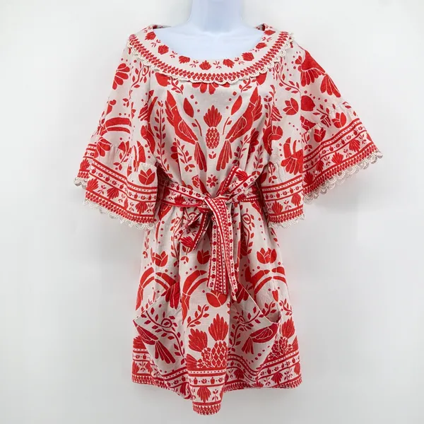 FARM Rio Jungle Flow Linen Toucan Pineapple Mini Dress M Red Boho Resort Wear - Image 2