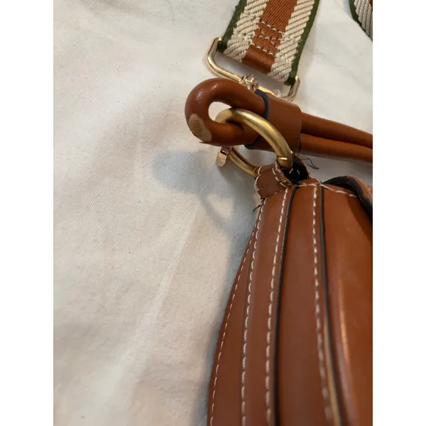 Saddle Bag Crossbody Cognac‎ Brown Striped Webbing Strap Boho Chic Handbag - Image 3