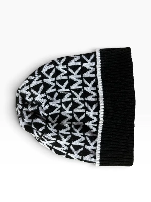 Michael Kors MK Logo Beanie Hat Black White Monogram Knit Winter Cap - Image 2