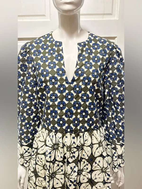 Tuckernuck 100%Cotton Boho Olive & Blue Floral Print Pleated Dress Size Large - Image 8