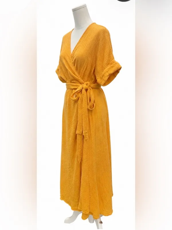 Marine Layer Medium Golden Yellow Cotton True Wrap Midi Dress Belted - Image 2