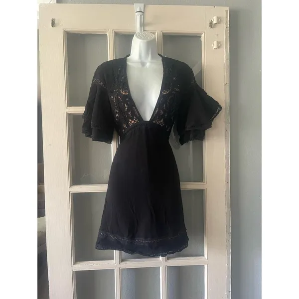 For Love and Lemons Carmine Black Lace Ruffle Sleeve Cami Mini Dress - Image 5