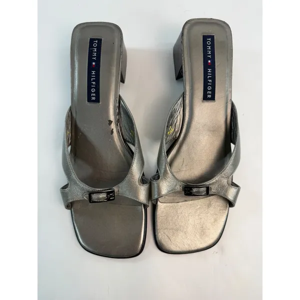 Tommy Hilfiger Vintage Metallic Silver Square Toe Block Heel Mules ALG-425 40 - Image 5