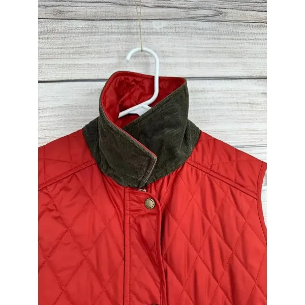 LL Bean Diamond Quilted Full Zip‎ Vest MED Rust Brown Plaid Lined Cord Collar - Image 9